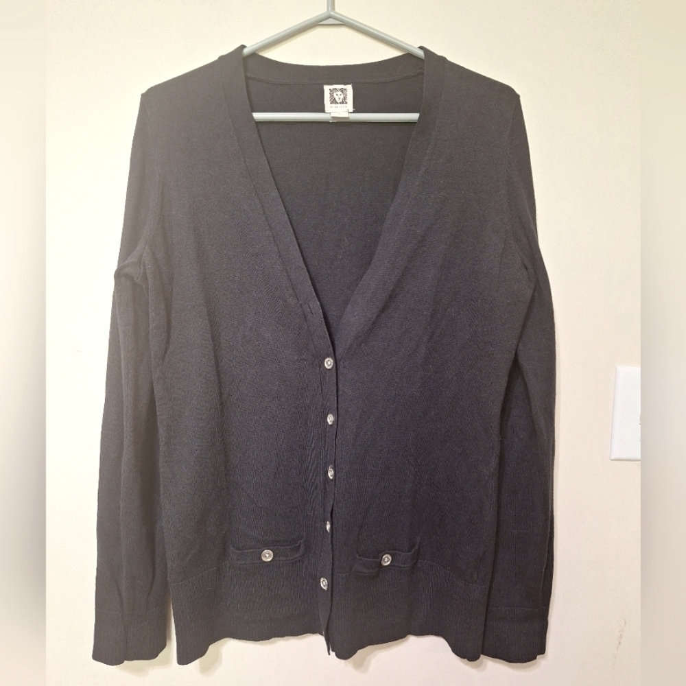 Women's Anne Klein black medium Cardigan button-up pockets flaw